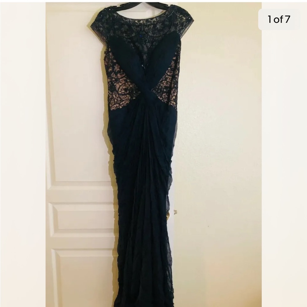 Tadashi Shoji Navy Blue Embroidered with waterfall style chiffon dress US 6